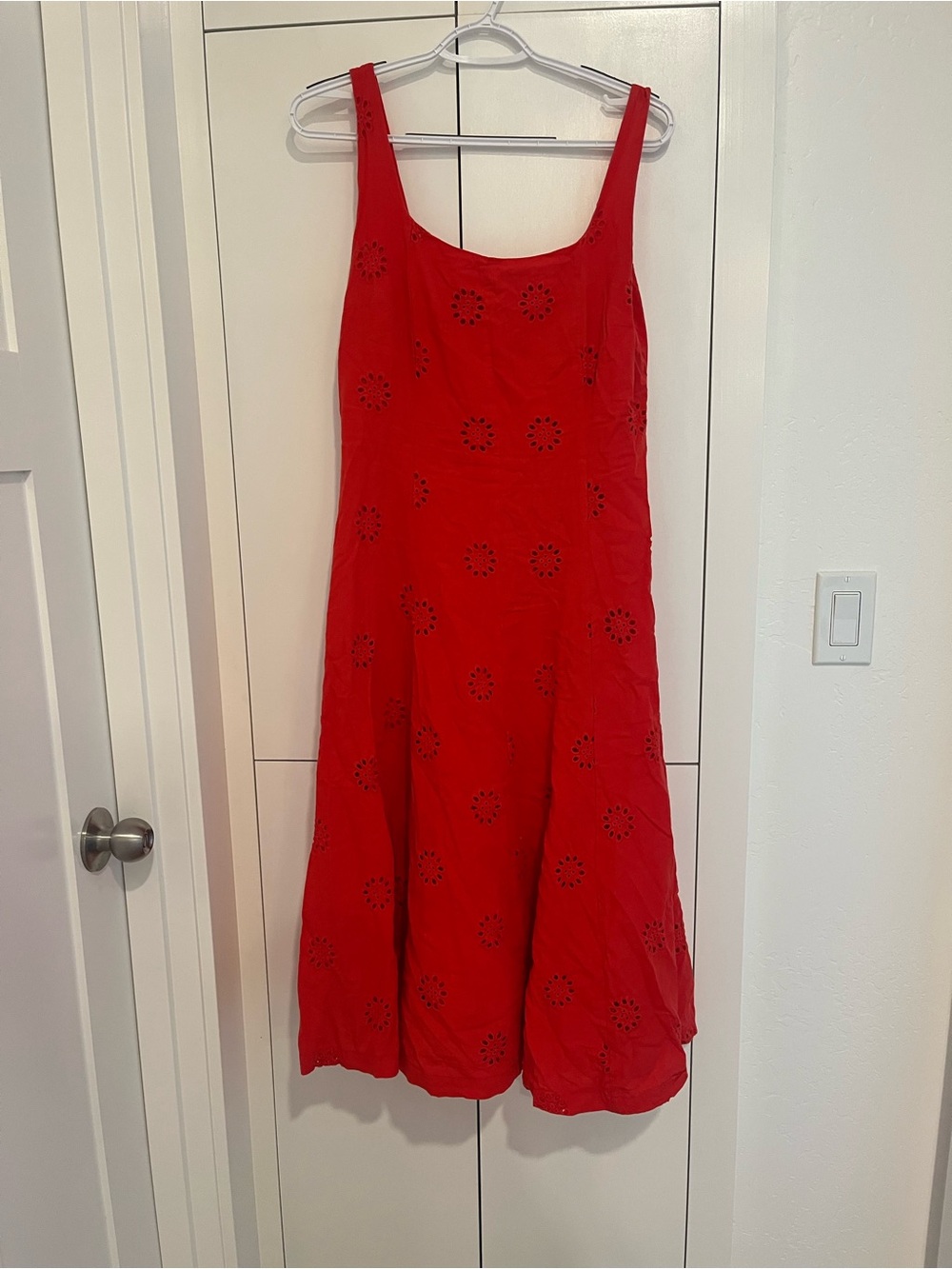 Red Eyelet Midi Dress with Scoop Neck